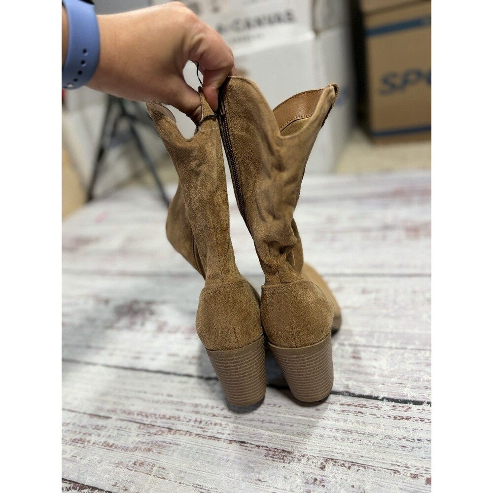 Pop Framework NEW Womens Slouch Boots Brown Stacked Heel Natural Faux Suede SZ 8 - Picture 4 of 11